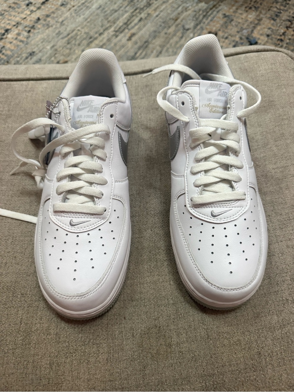Nike AIR FORCE 1 Men's White Sneakers with Gray Swoosh - Anniversary Edition